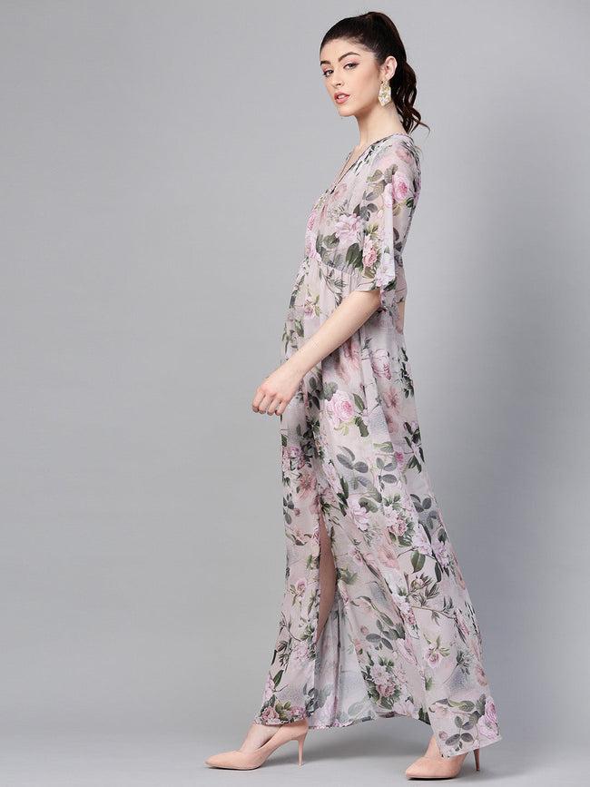 Women Pista Green Floral V-Neck Maxi