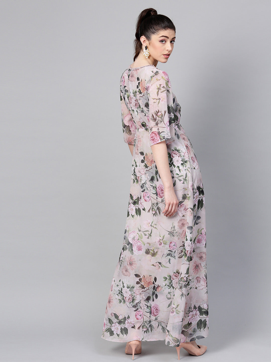 Women Pista Green Floral V-Neck Maxi