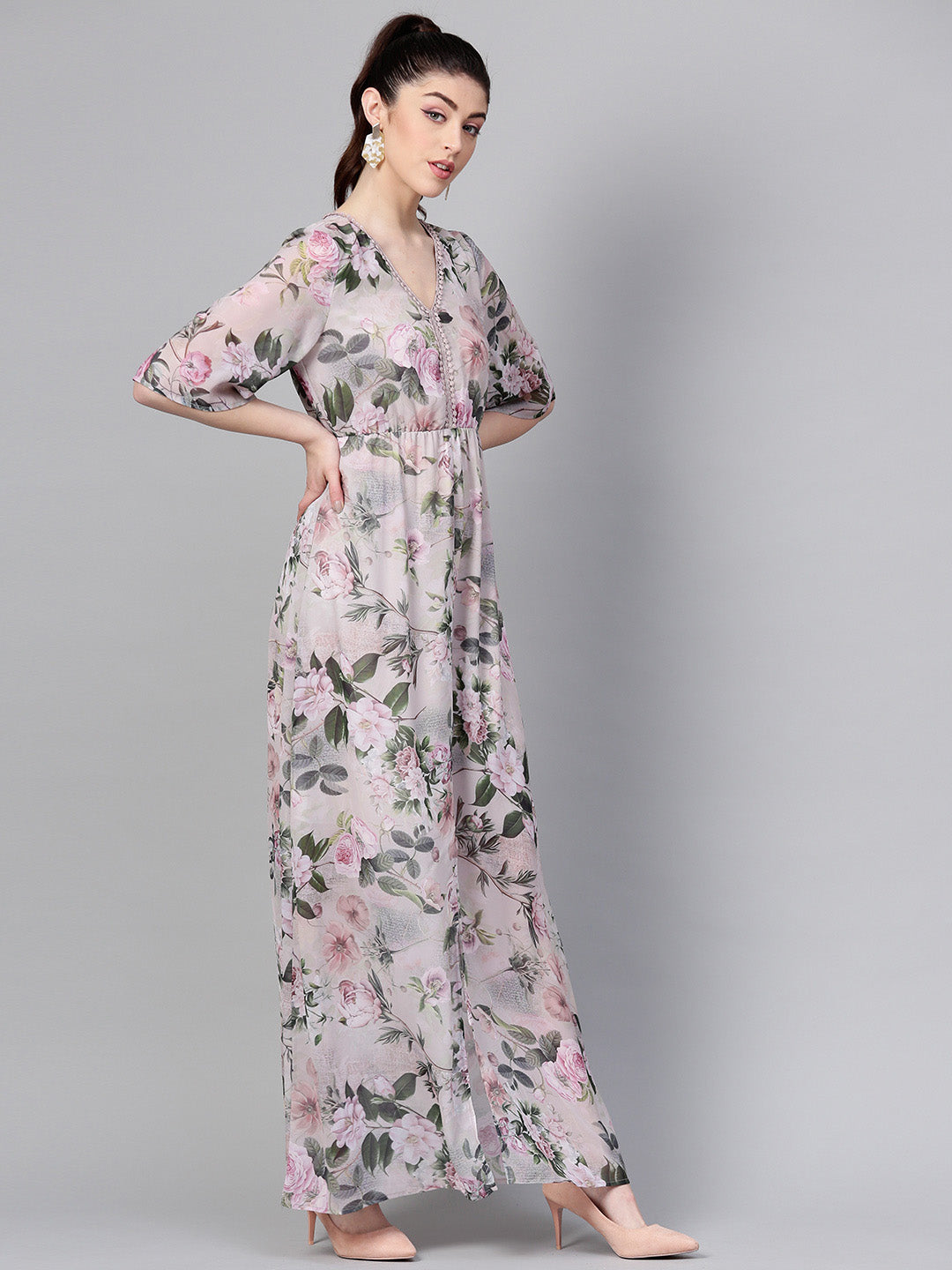 Women Pista Green Floral V-Neck Maxi