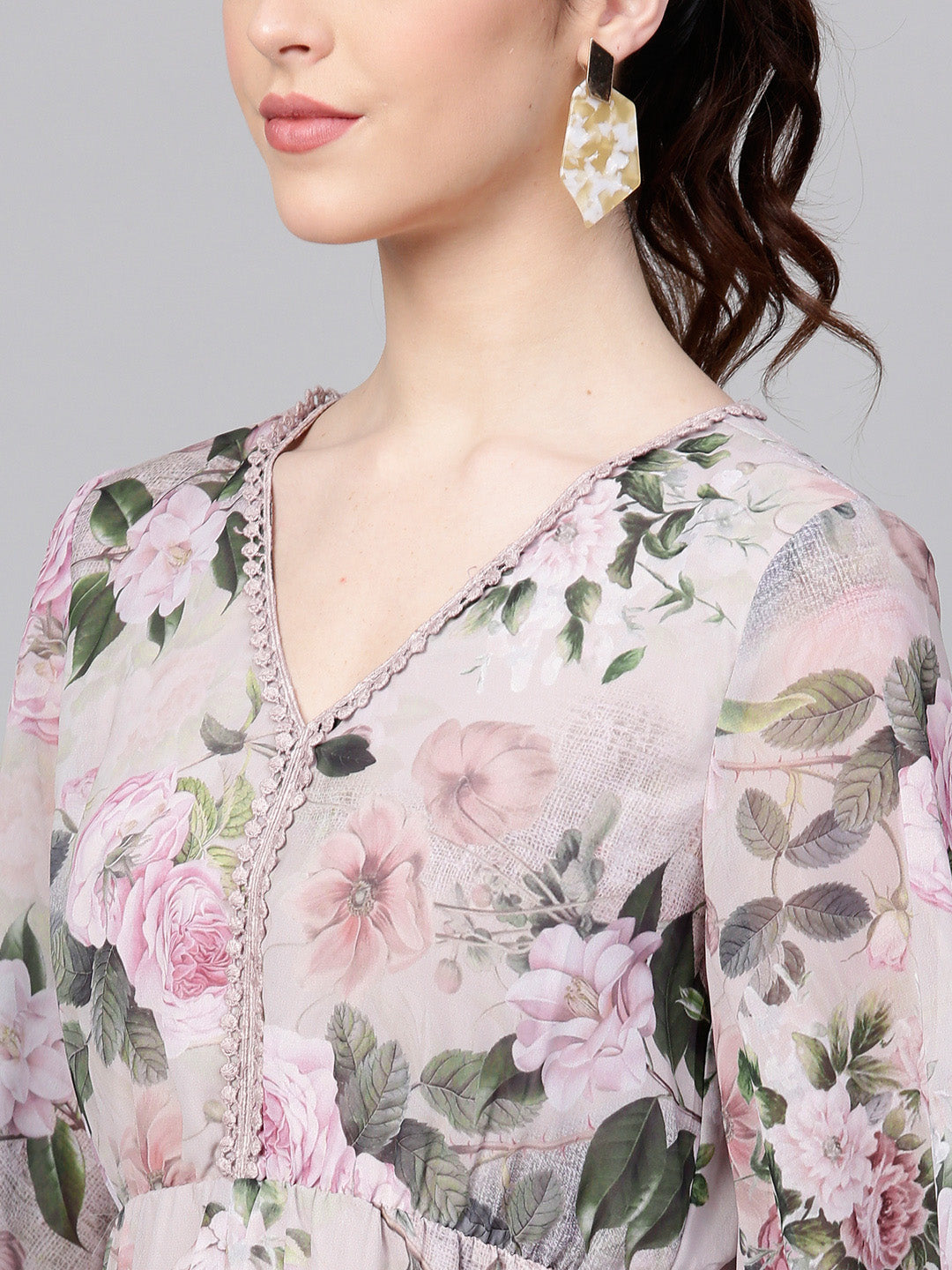Women Pista Green Floral V-Neck Maxi