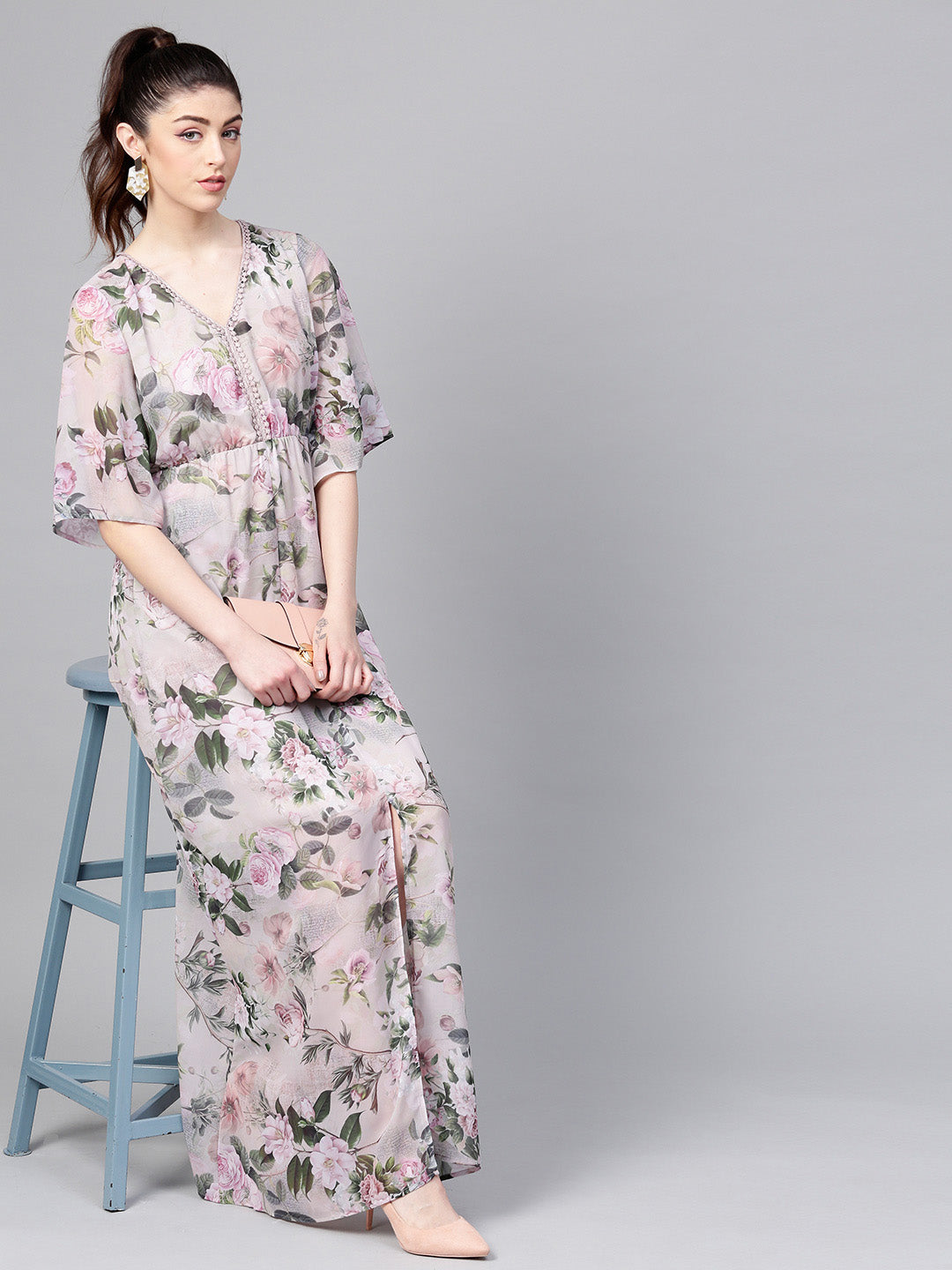 Women Pista Green Floral V-Neck Maxi