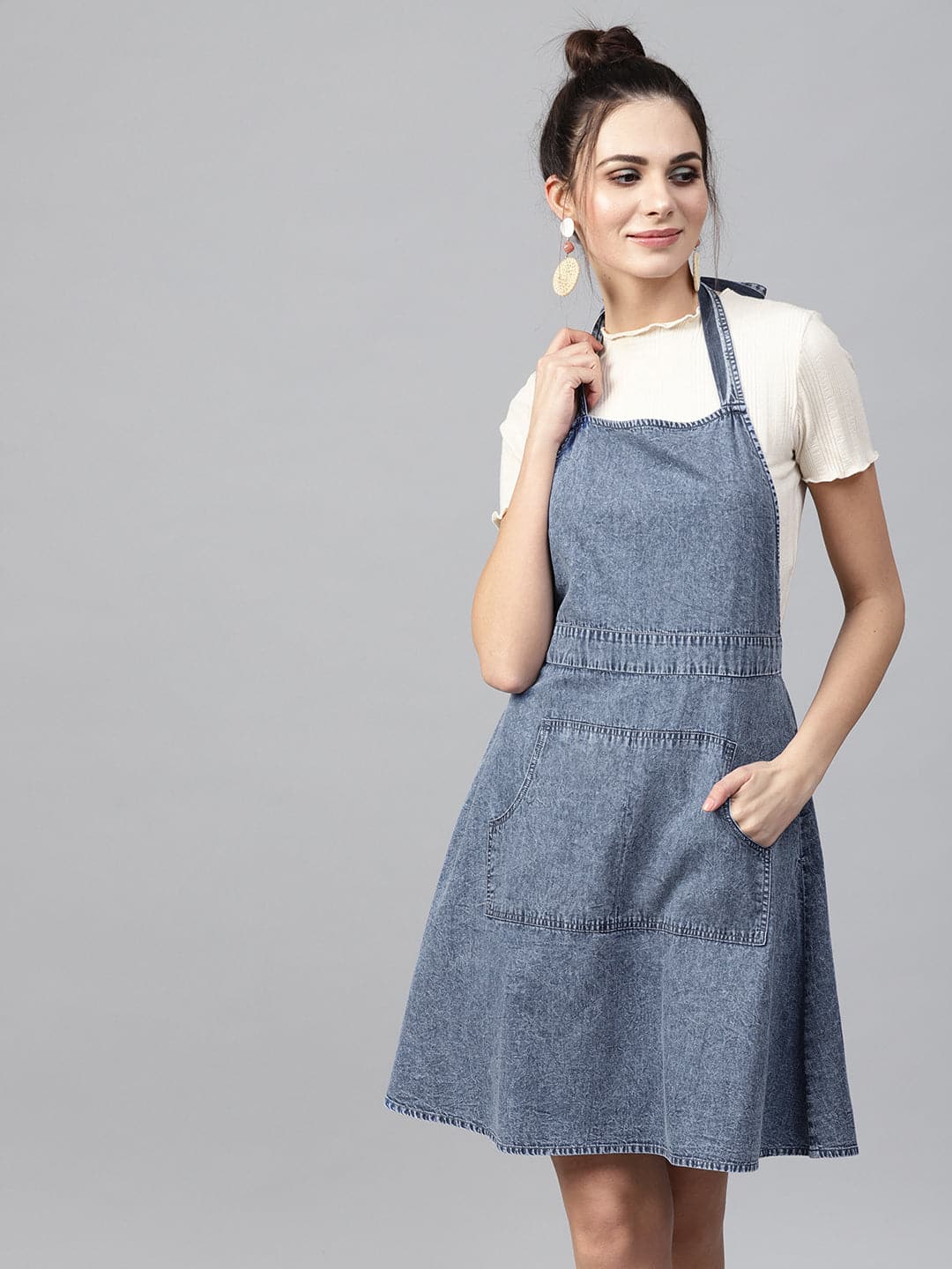 Women Blue Denim Acid Wash Apron Dress