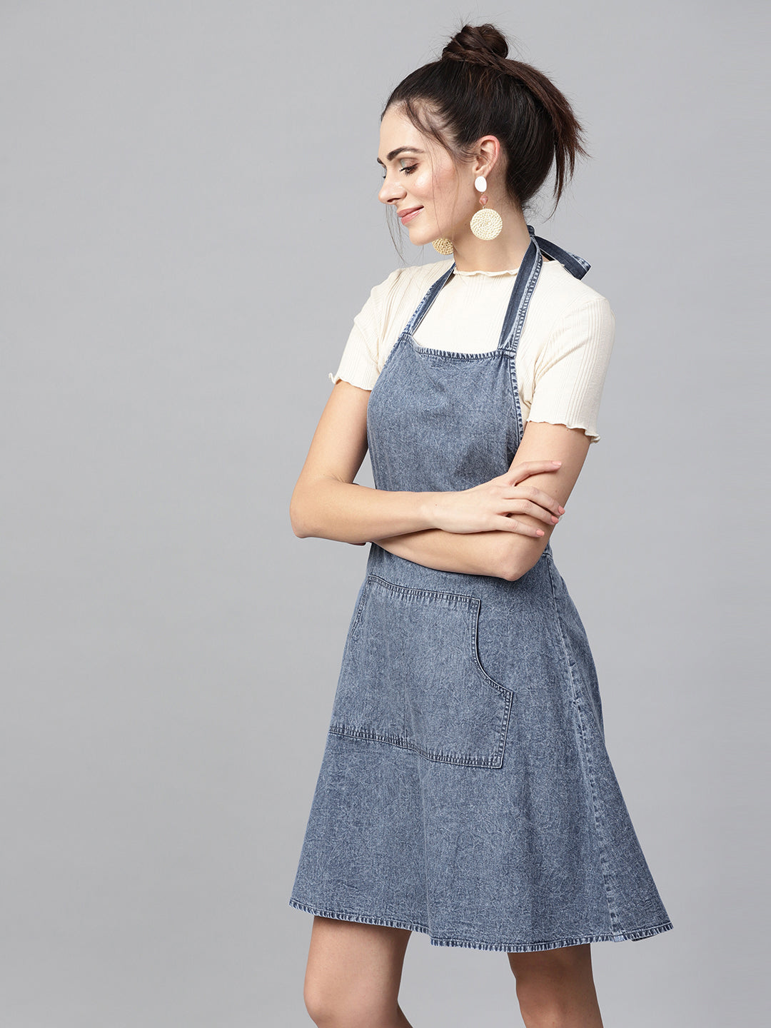 Women Blue Denim Acid Wash Apron Dress