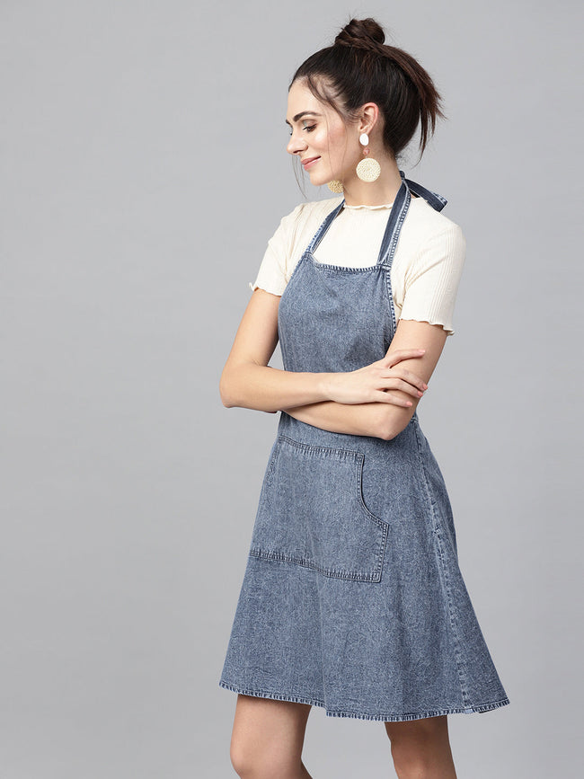 Women Blue Denim Acid Wash Apron Dress