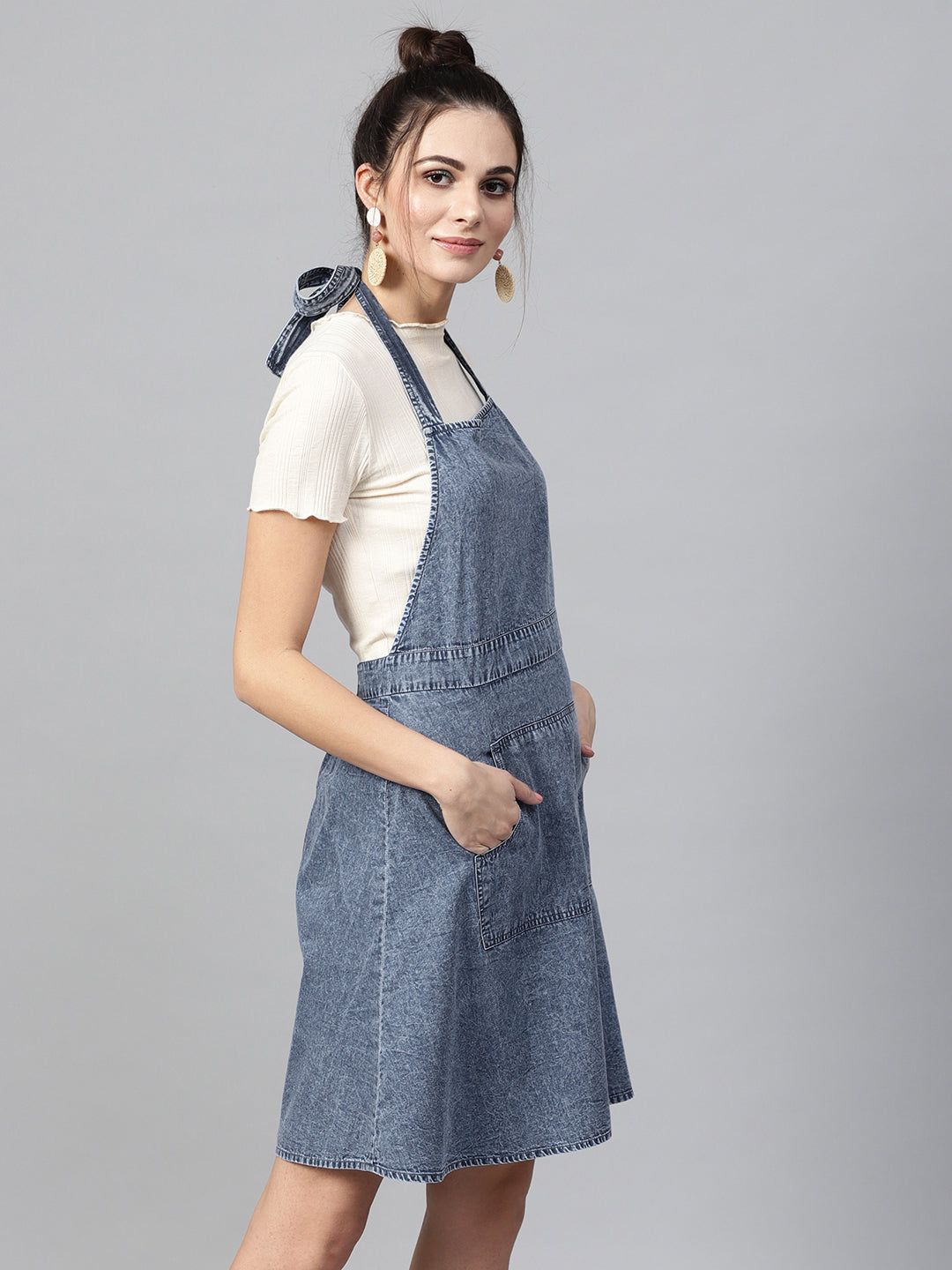 Women Blue Denim Acid Wash Apron Dress