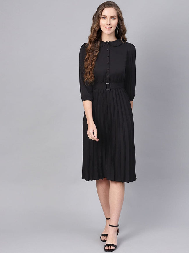 Women Black Peterpan Belted Pleated Midi Dress