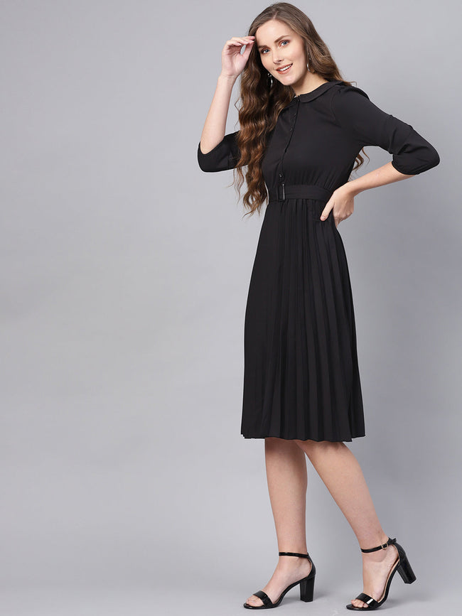 Women Black Peterpan Belted Pleated Midi Dress
