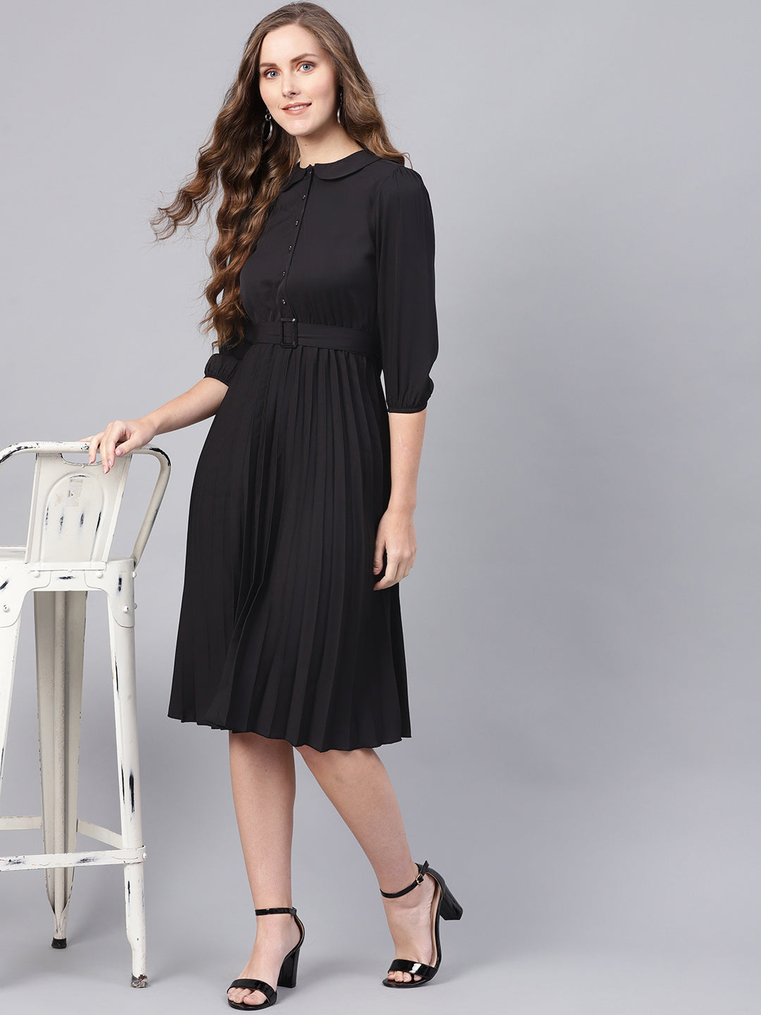 Women Black Peterpan Belted Pleated Midi Dress