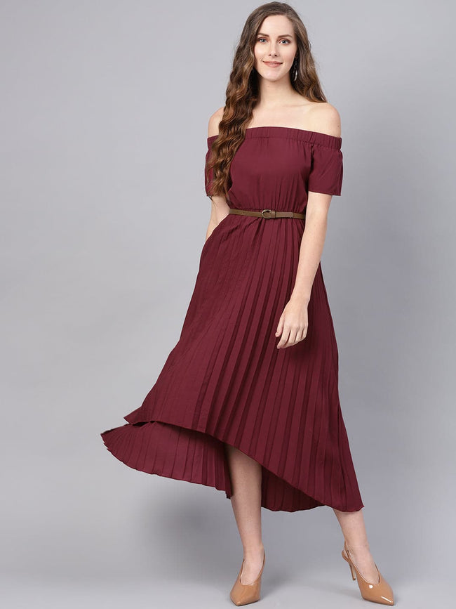 Women Burgundy High Low Pleated Dress