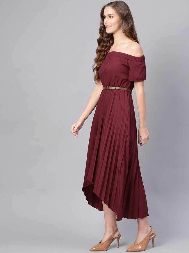 Women Burgundy High Low Pleated Dress