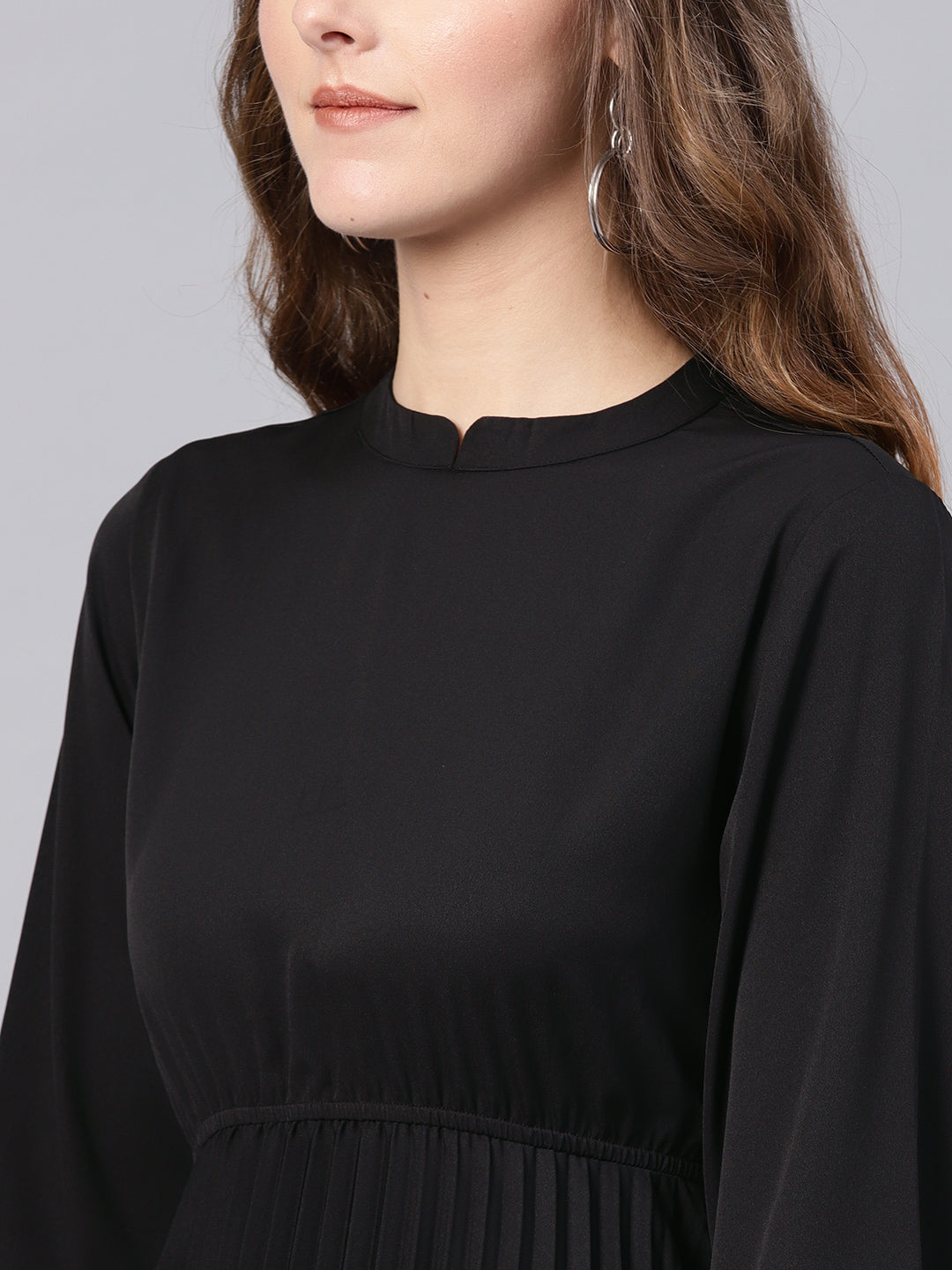 Women Black Mandrain Collar Pleated Skater Dress