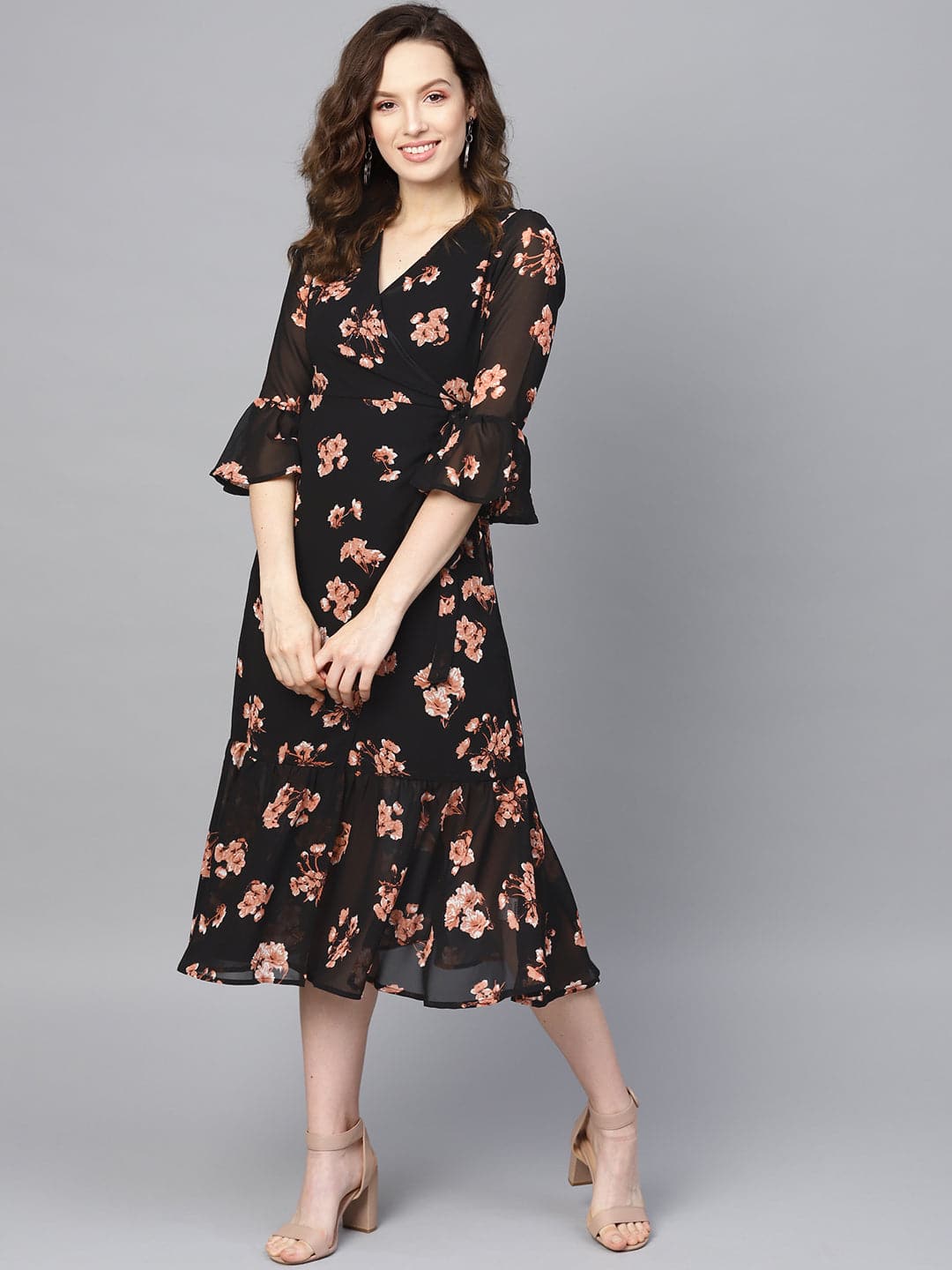 Women Black Floral Wrap Tie Dress