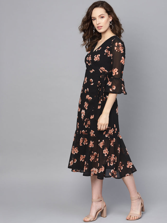 Women Black Floral Wrap Tie Dress
