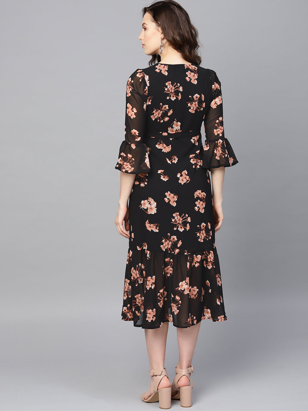 Women Black Floral Wrap Tie Dress