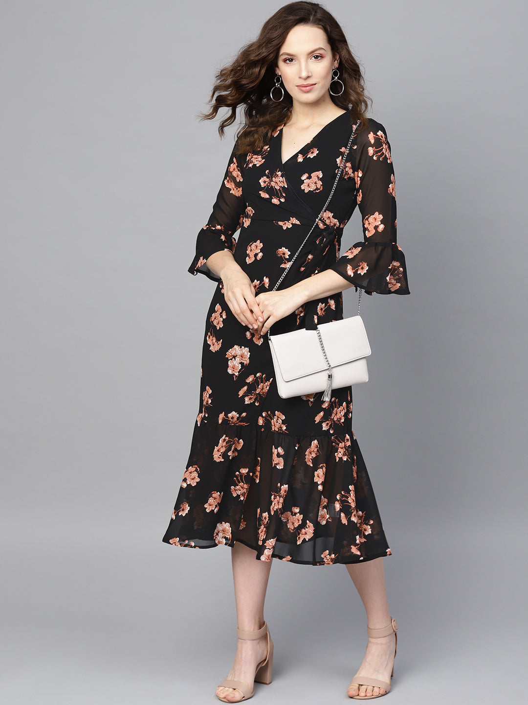 Women Black Floral Wrap Tie Dress