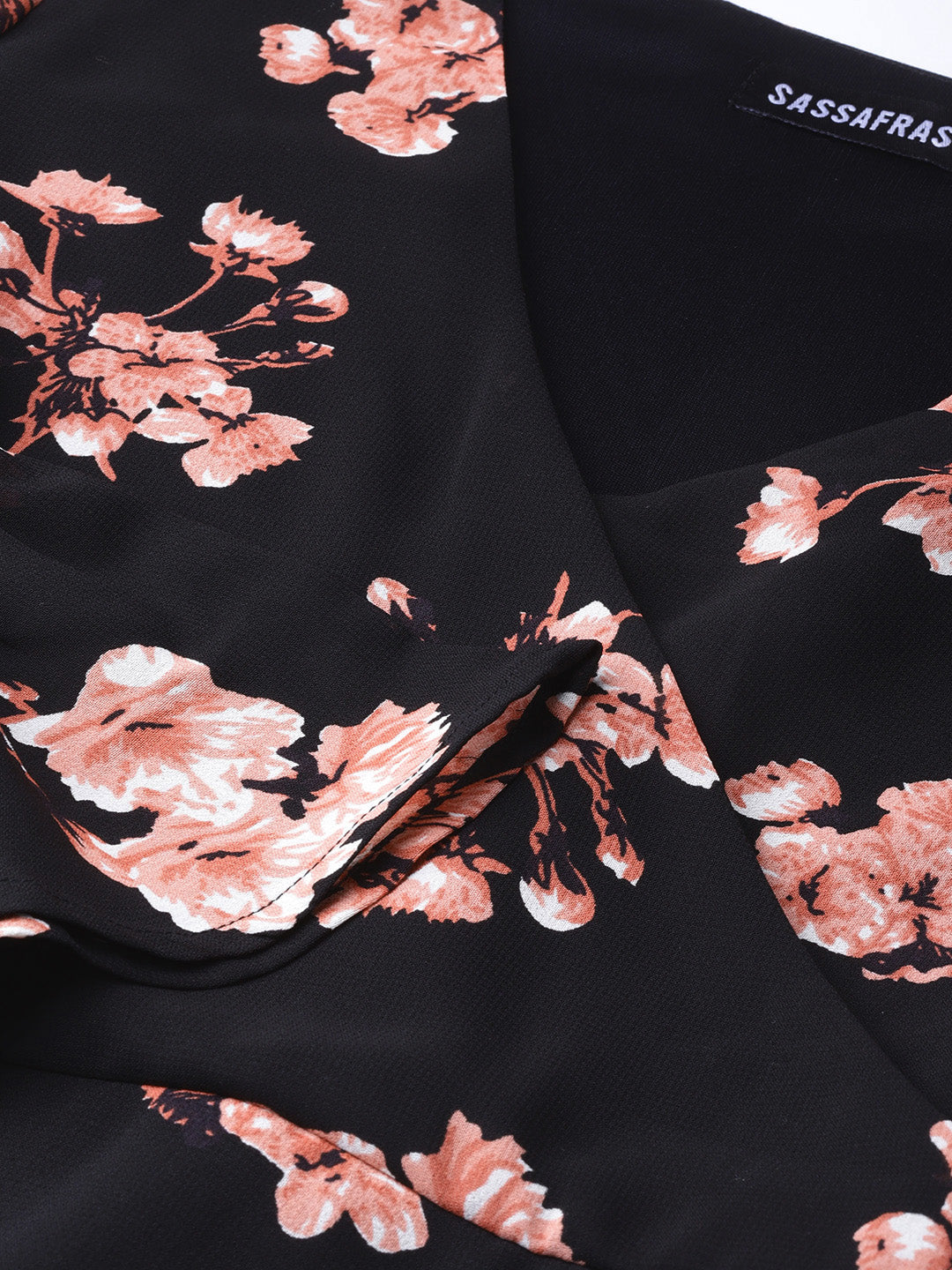 Women Black Floral Wrap Tie Dress