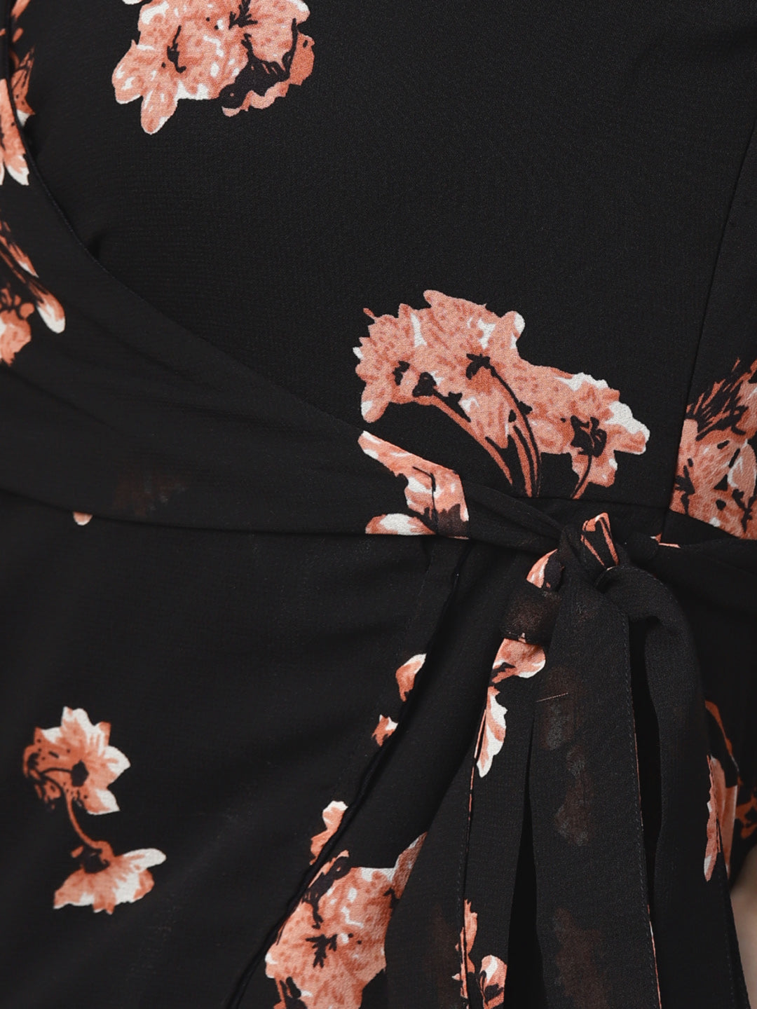 Women Black Floral Wrap Tie Dress