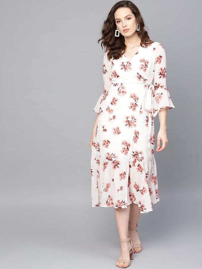 Women White Floral Wrap Tie Dress