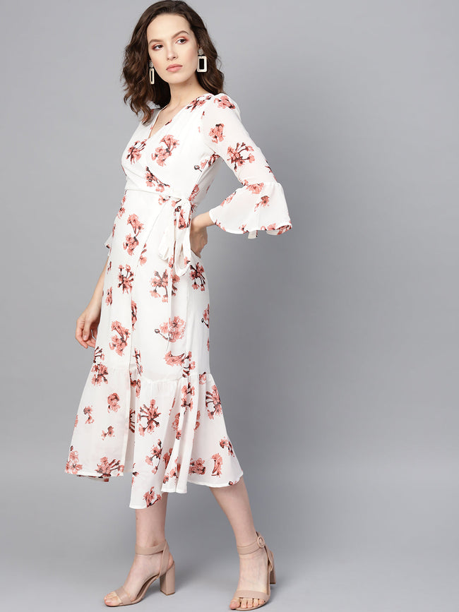 Women White Floral Wrap Tie Dress