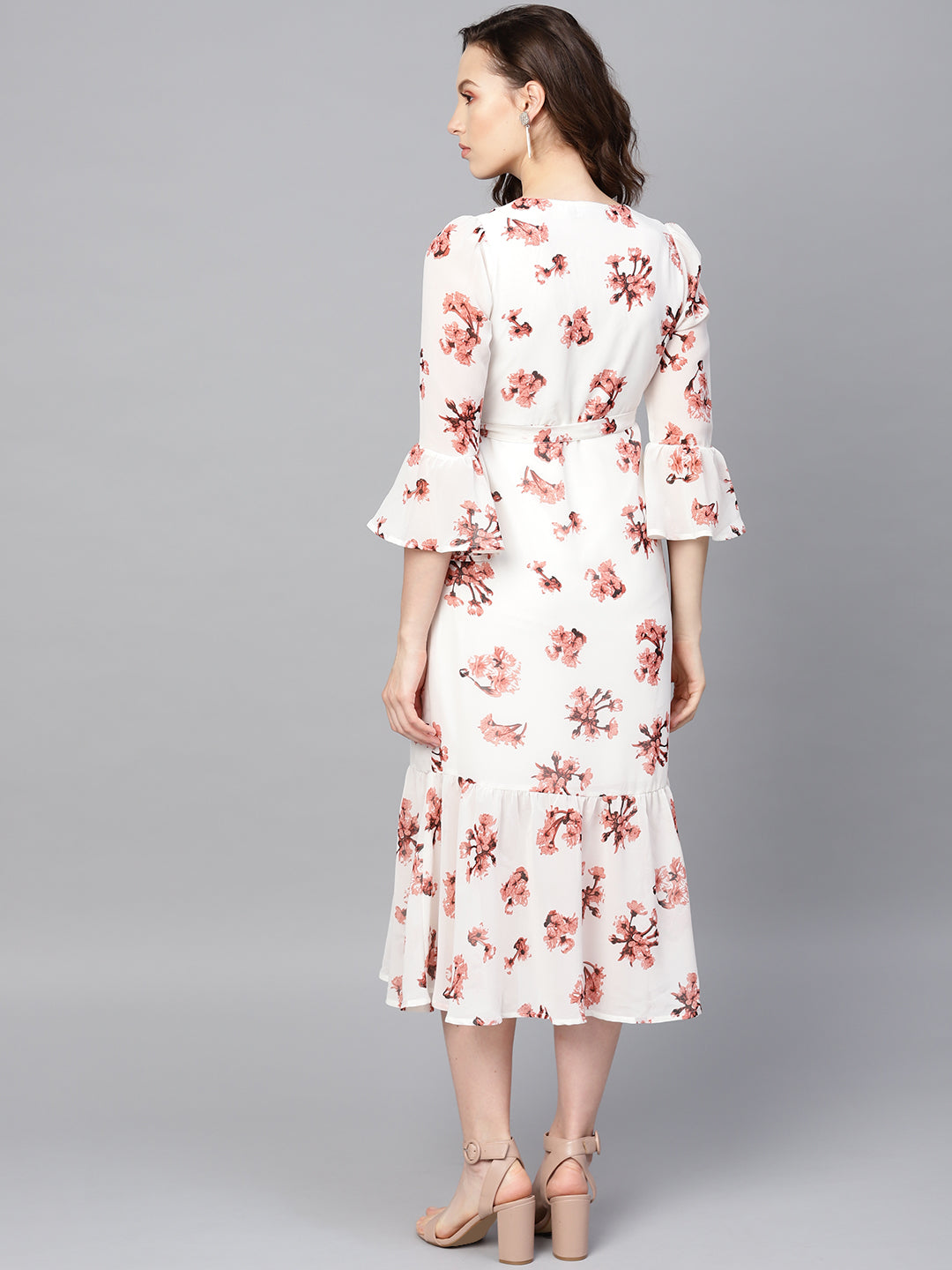 Women White Floral Wrap Tie Dress