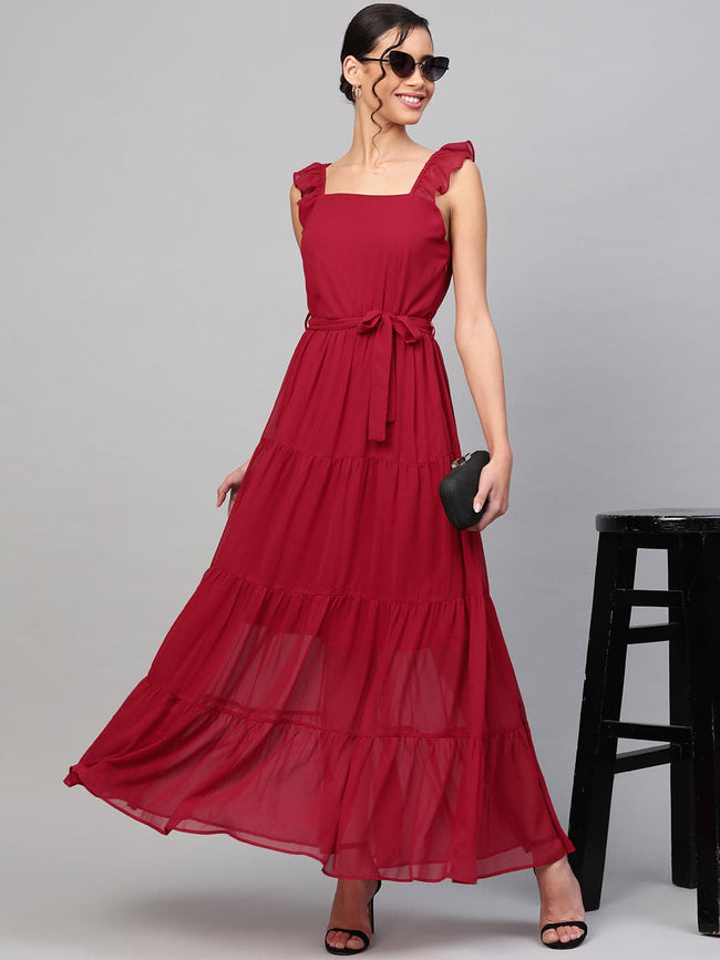 Women Red Strappy Frill Tiered Maxi