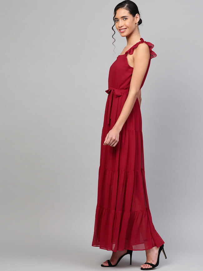 Women Red Strappy Frill Tiered Maxi