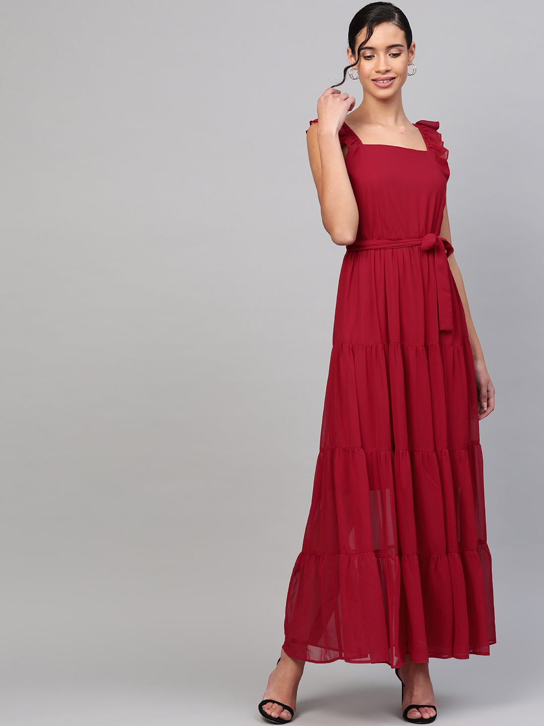 Women Red Strappy Frill Tiered Maxi