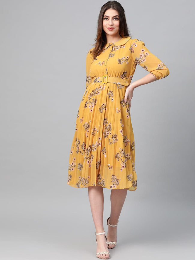 Women Mustard Floral Peterpan Collar Pleated Dress