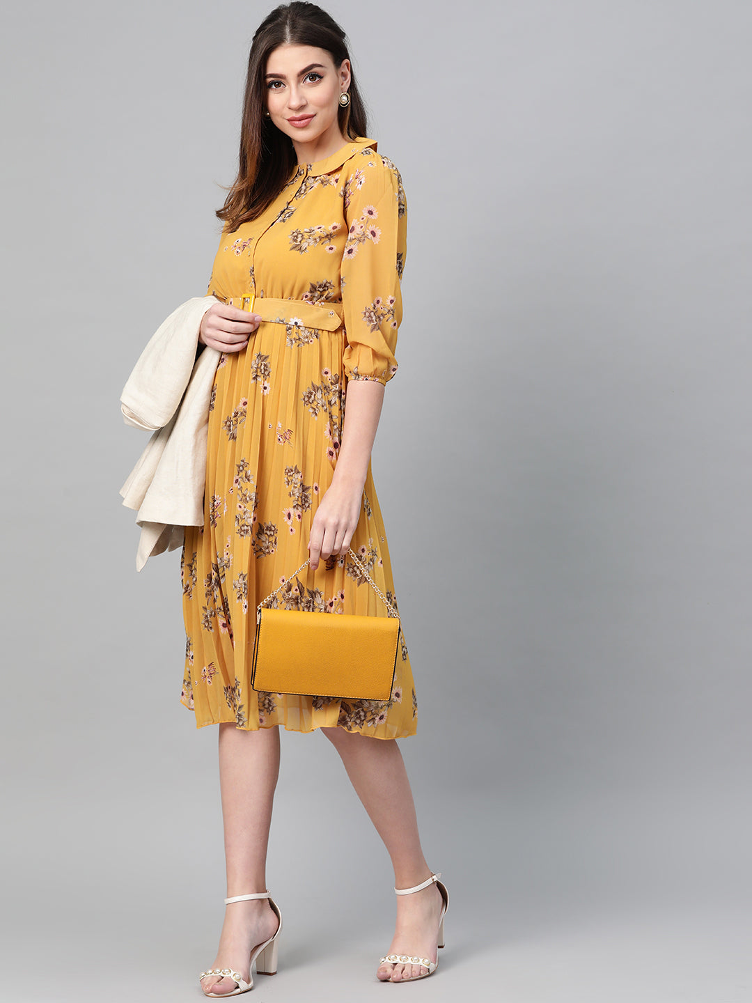 Women Mustard Floral Peterpan Collar Pleated Dress
