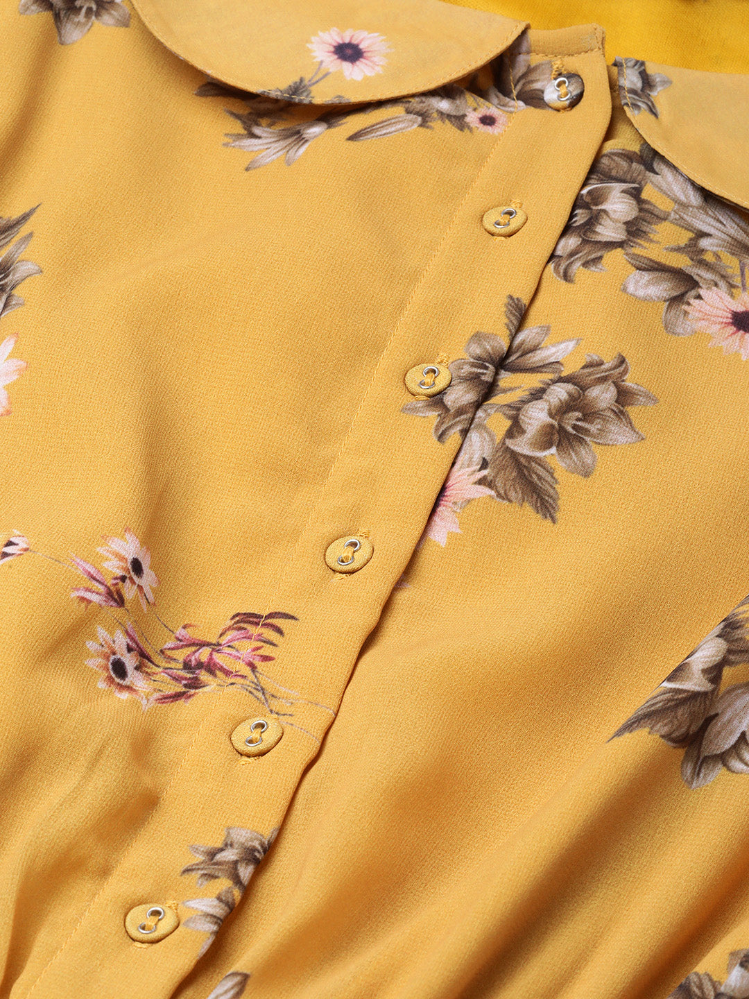 Women Mustard Floral Peterpan Collar Pleated Dress