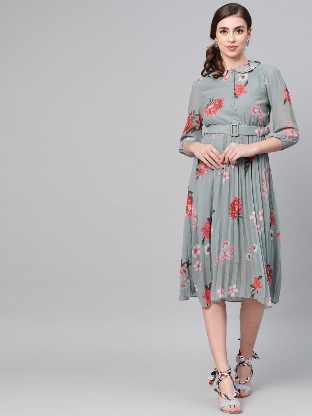 Women Steel Blue Floral Peterpan Collar Pleated Dress