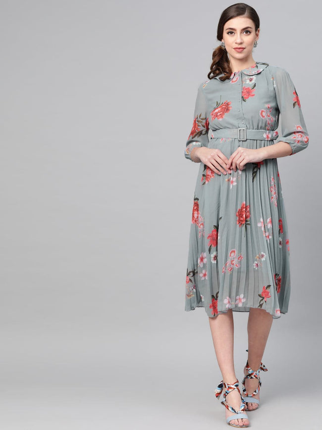 Women Steel Blue Floral Peterpan Collar Pleated Dress