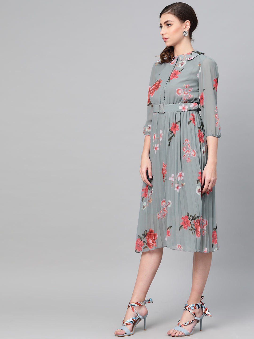 Women Steel Blue Floral Peterpan Collar Pleated Dress