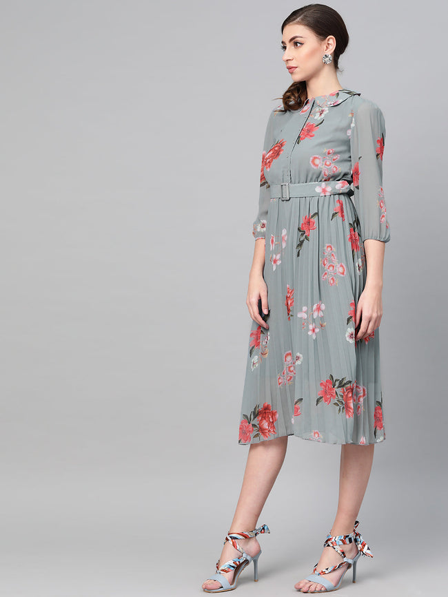 Women Steel Blue Floral Peterpan Collar Pleated Dress