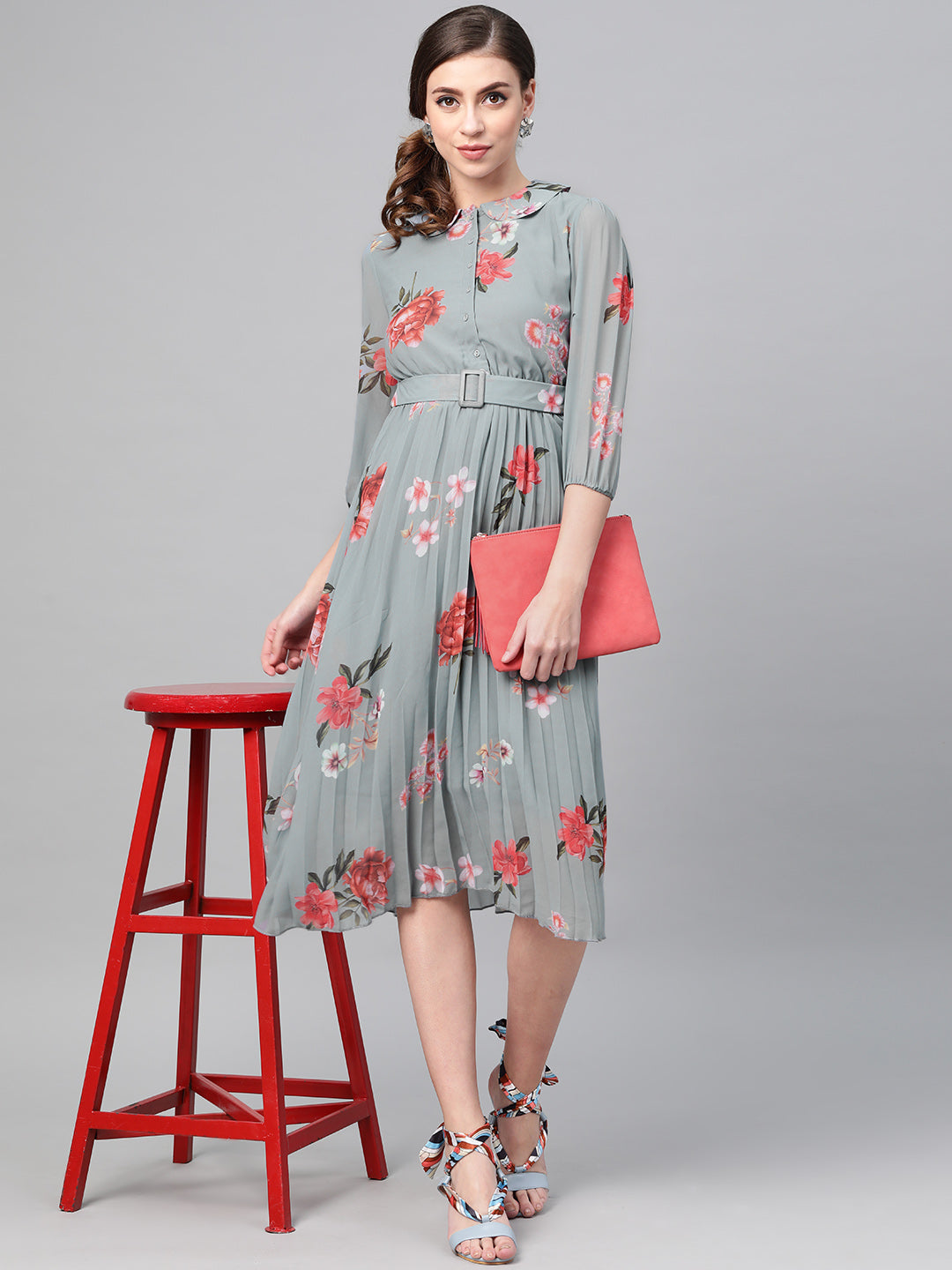Women Steel Blue Floral Peterpan Collar Pleated Dress