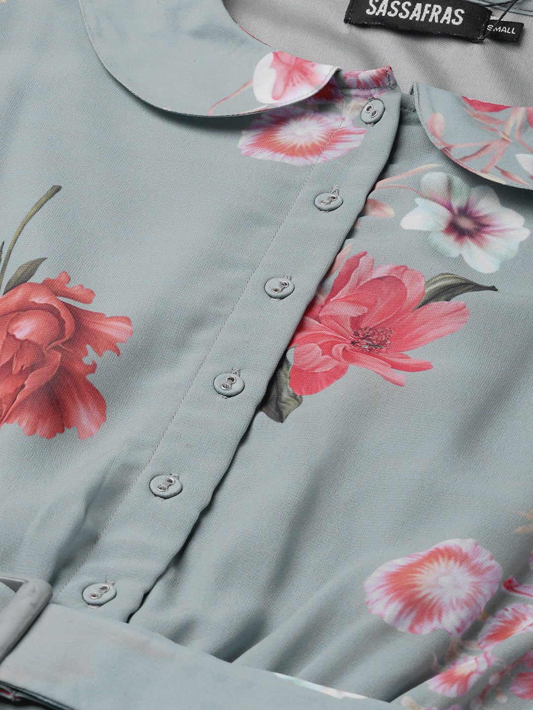 Women Steel Blue Floral Peterpan Collar Pleated Dress