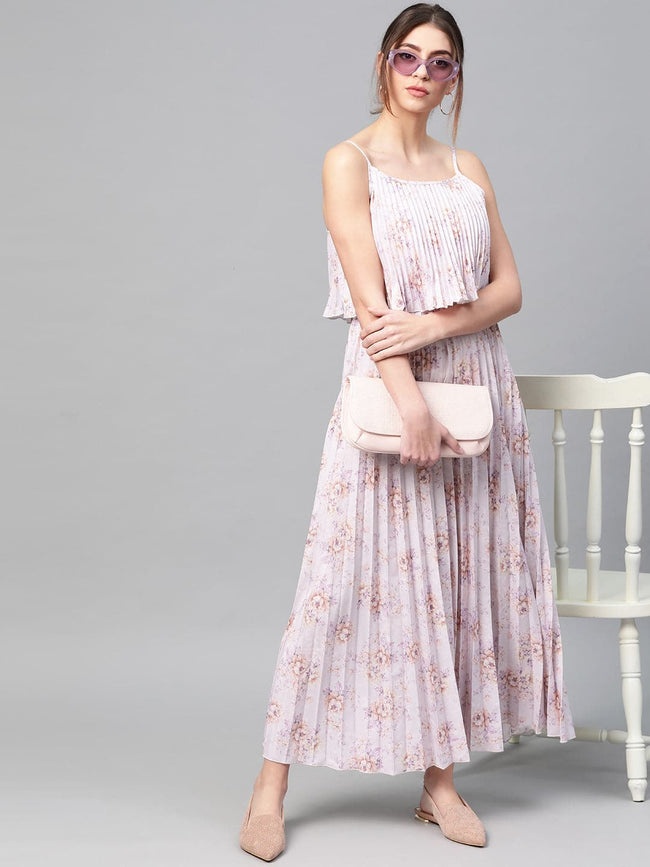 Women Lavender Floral Strappy Pleated Maxi Dress