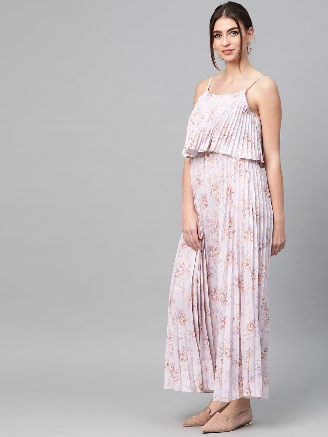 Women Lavender Floral Strappy Pleated Maxi Dress