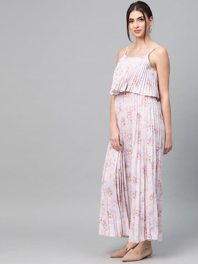Women Lavender Floral Strappy Pleated Maxi Dress