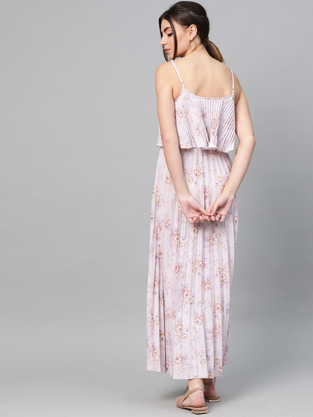 Women Lavender Floral Strappy Pleated Maxi Dress