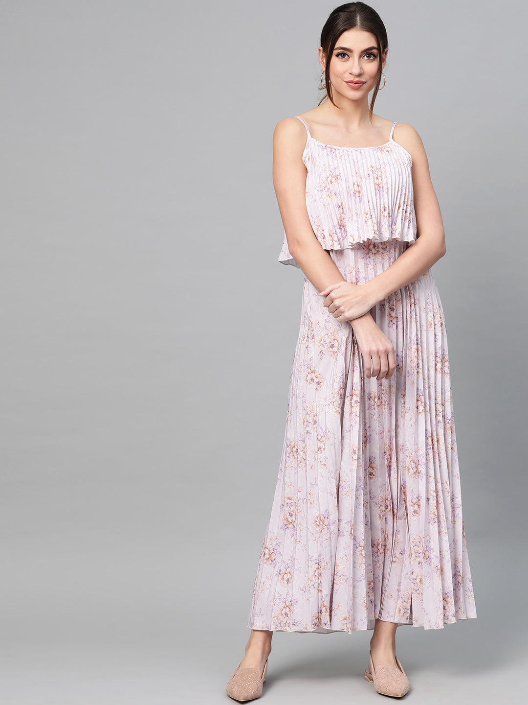 Women Lavender Floral Strappy Pleated Maxi Dress