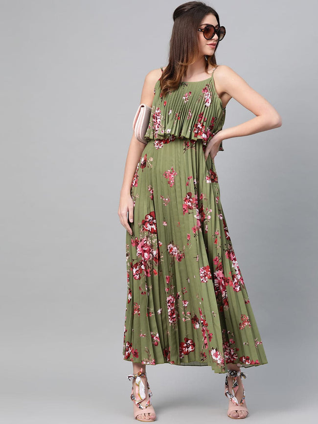 Women Olive Floral Strappy Pleated Maxi Dress