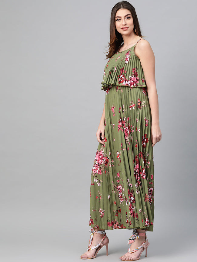 Women Olive Floral Strappy Pleated Maxi Dress