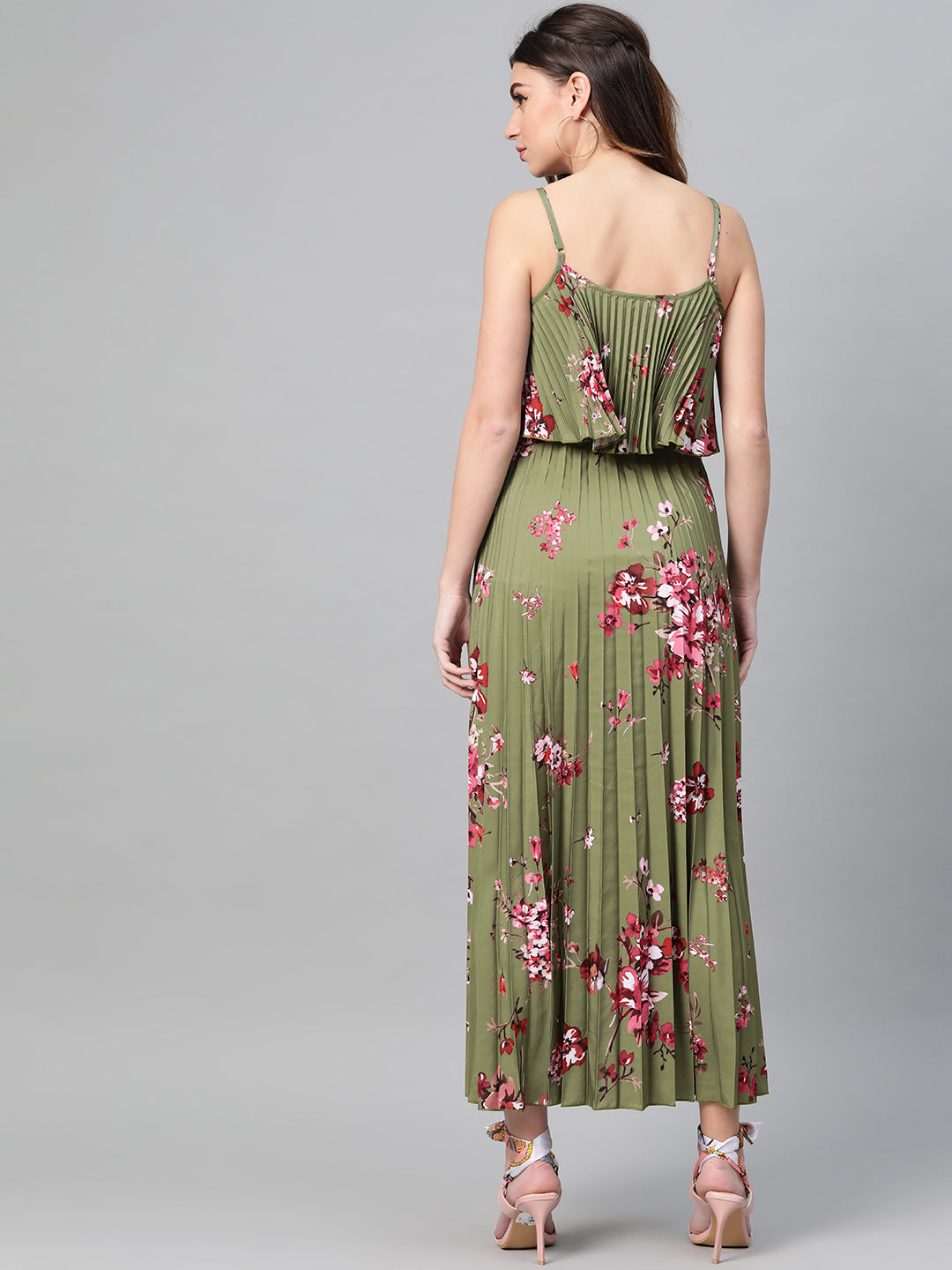 Women Olive Floral Strappy Pleated Maxi Dress