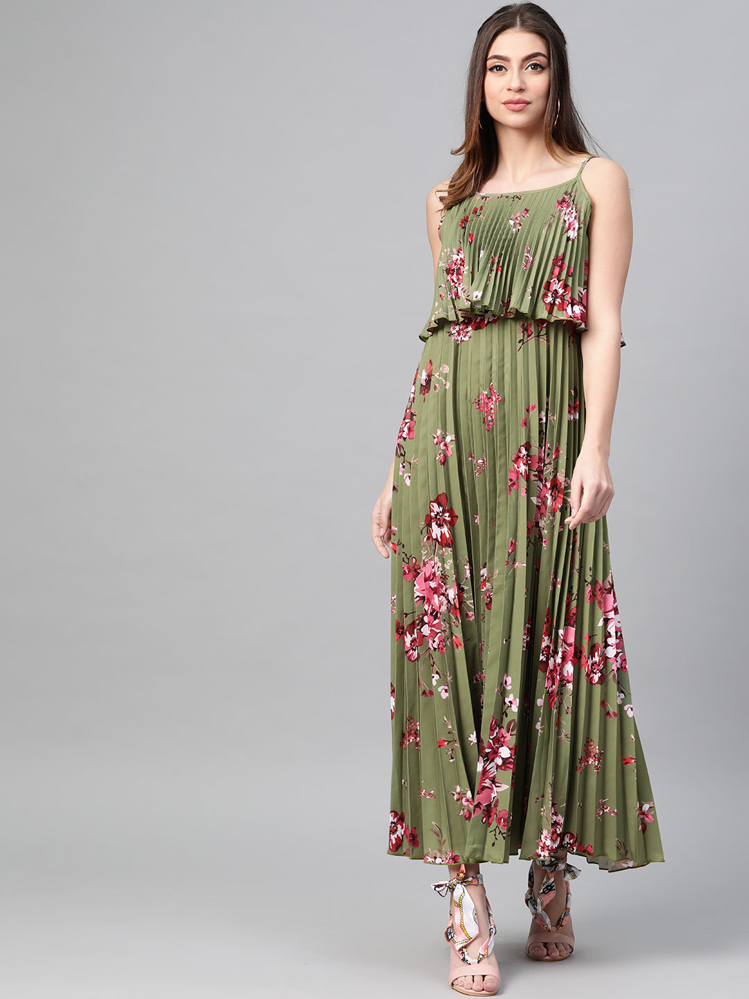 Women Olive Floral Strappy Pleated Maxi Dress