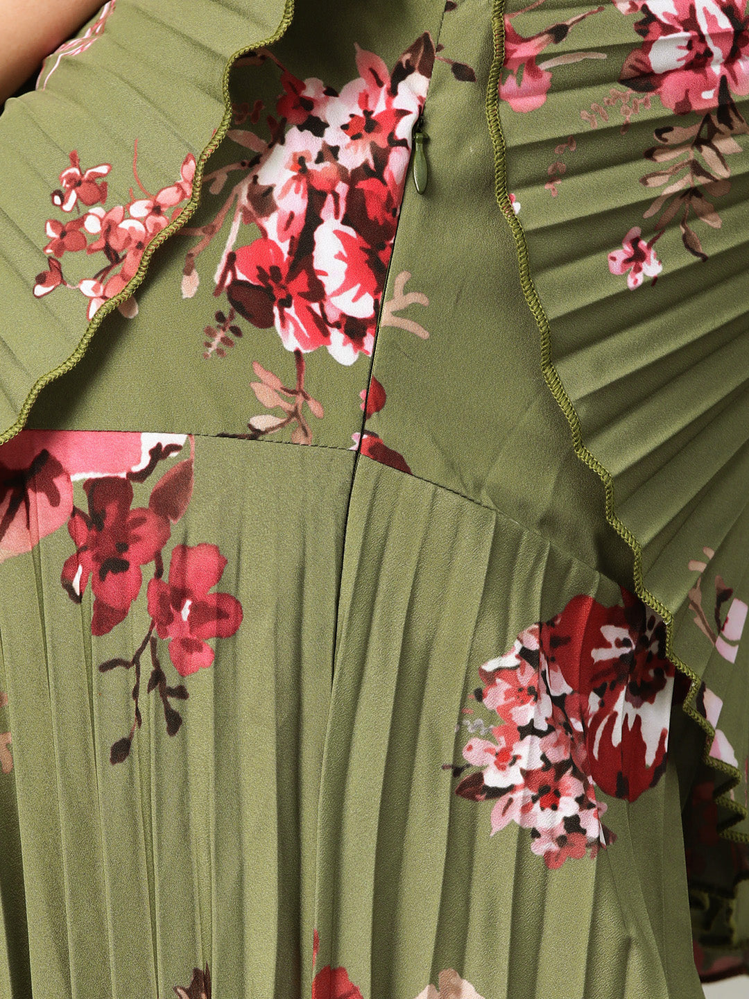 Women Olive Floral Strappy Pleated Maxi Dress
