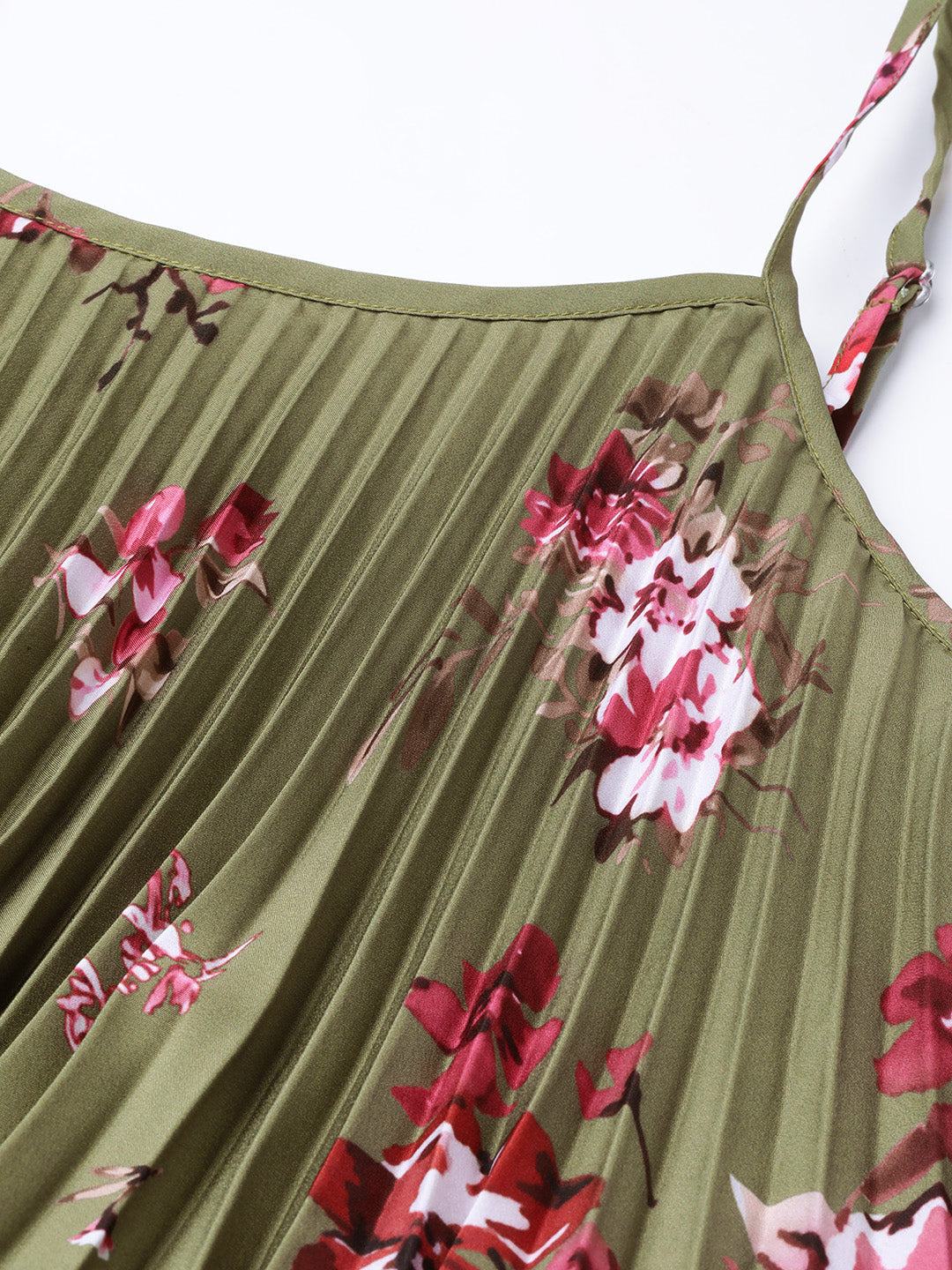 Women Olive Floral Strappy Pleated Maxi Dress