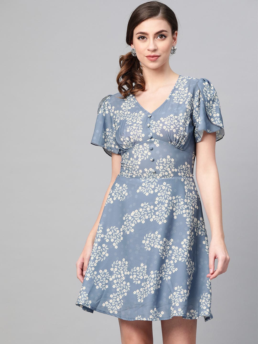 Women Dark Blue Floral Flared Skater Dress