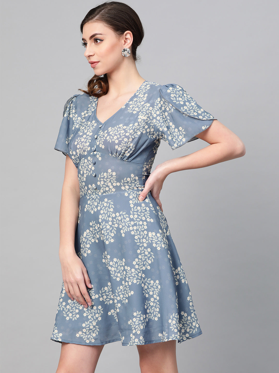 Women Dark Blue Floral Flared Skater Dress