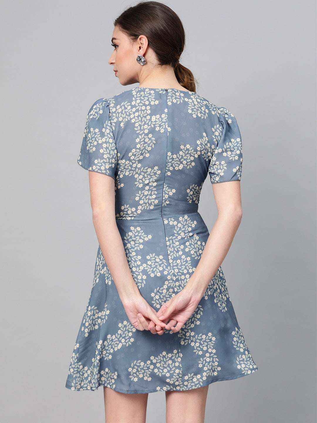 Women Dark Blue Floral Flared Skater Dress